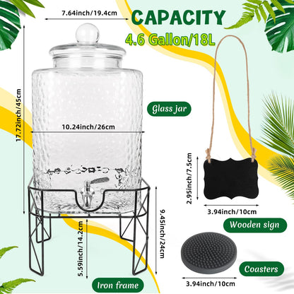 FULJOOY 4.6 Gallon Glass Beverage Dispenser with Stand Beverage Dispensers with Ice Cylinder Steel Spigot Hanging Chalkboard Signs Drip Trays Drink Juice Dispenser with Lids for Party Wedding Kitchen