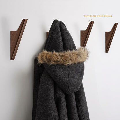 FCOWK Walnut Wood Wall Hooks - 4 Pack, Heavy Duty Coat Hooks Wall Mount for Entryway, Bathroom & Bedroom. Minimalist Wooden Wall Hooks for Hanging Coat, Hat, Bag, Towel, Backpack (Dark Walnut)