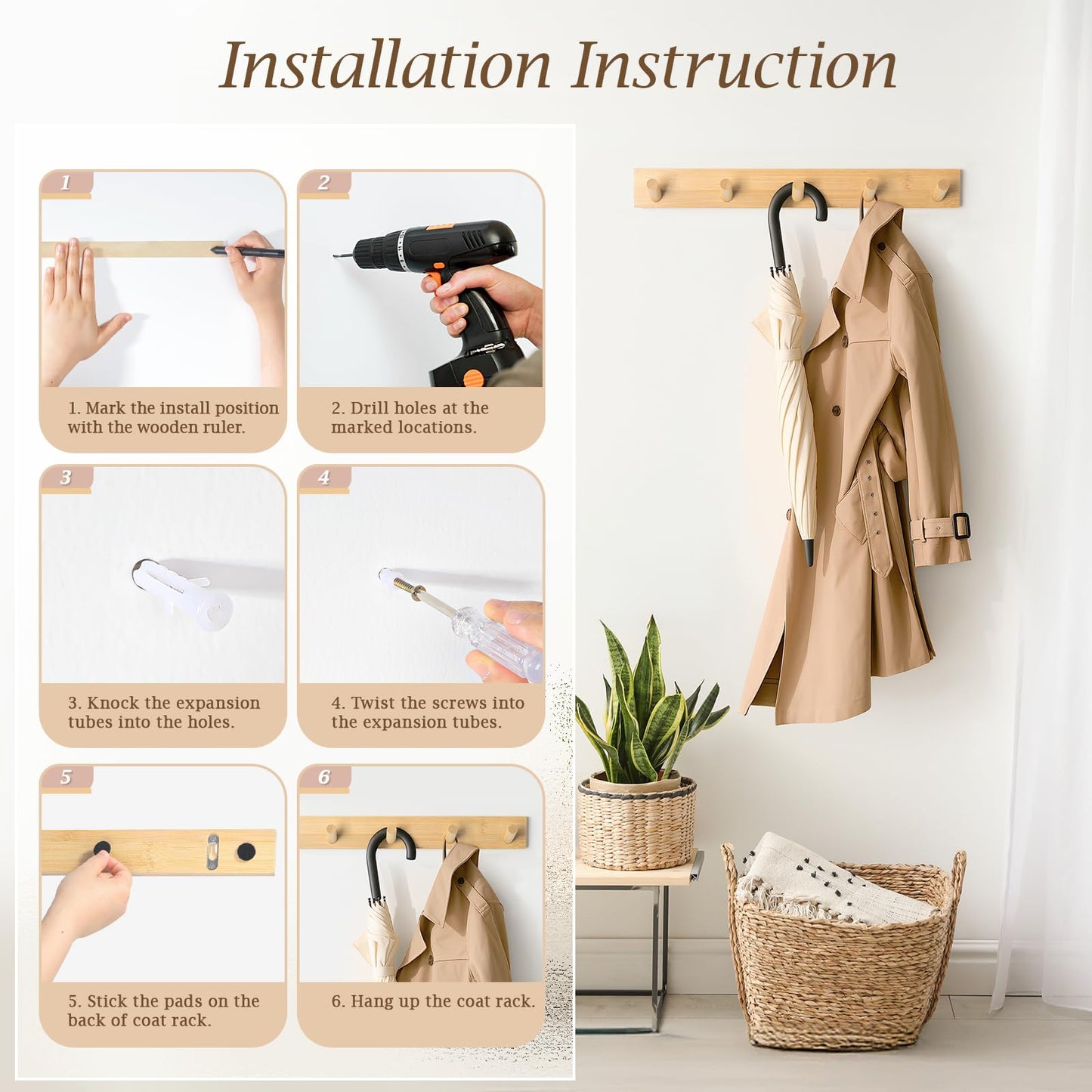 HOMEBROS Coat Rack Wall Mount, Wooden Coat Hanger with 5 Hooks, Heavy Duty, Natural, 1 Pcs