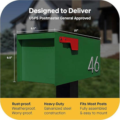 Adoorn Post Mount Outdoor Mailboxes - Large Decorative Mailbox for Letters and Packages - Weatherproof Construction - Durable Steel - Magnetic Closure - 9.5” H x 9.5” W x 20.75” D - Forest Green
