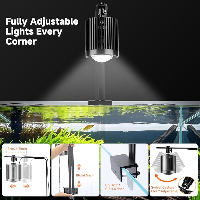 fishkeeper Clip On Aquarium Light, 24/7 Fish Tank Light with Timer, DIY 3 Colors & 10 Brightness Full Spectrum Aquarium LED Lights with Adjustable Metal Clamp for Freshwater Plants Fish Tanks (80W)