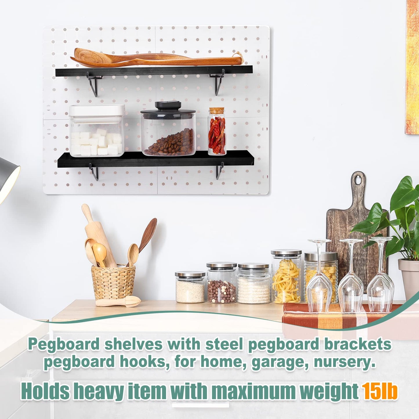 Qunclay 8 Pack Pegboard Shelf Set Wooden Shelves with Metal Brackets Hook Wall Pegboard Shelving Heavy Duty Accessories for Crafts Home Office Garage Workbench(Black)