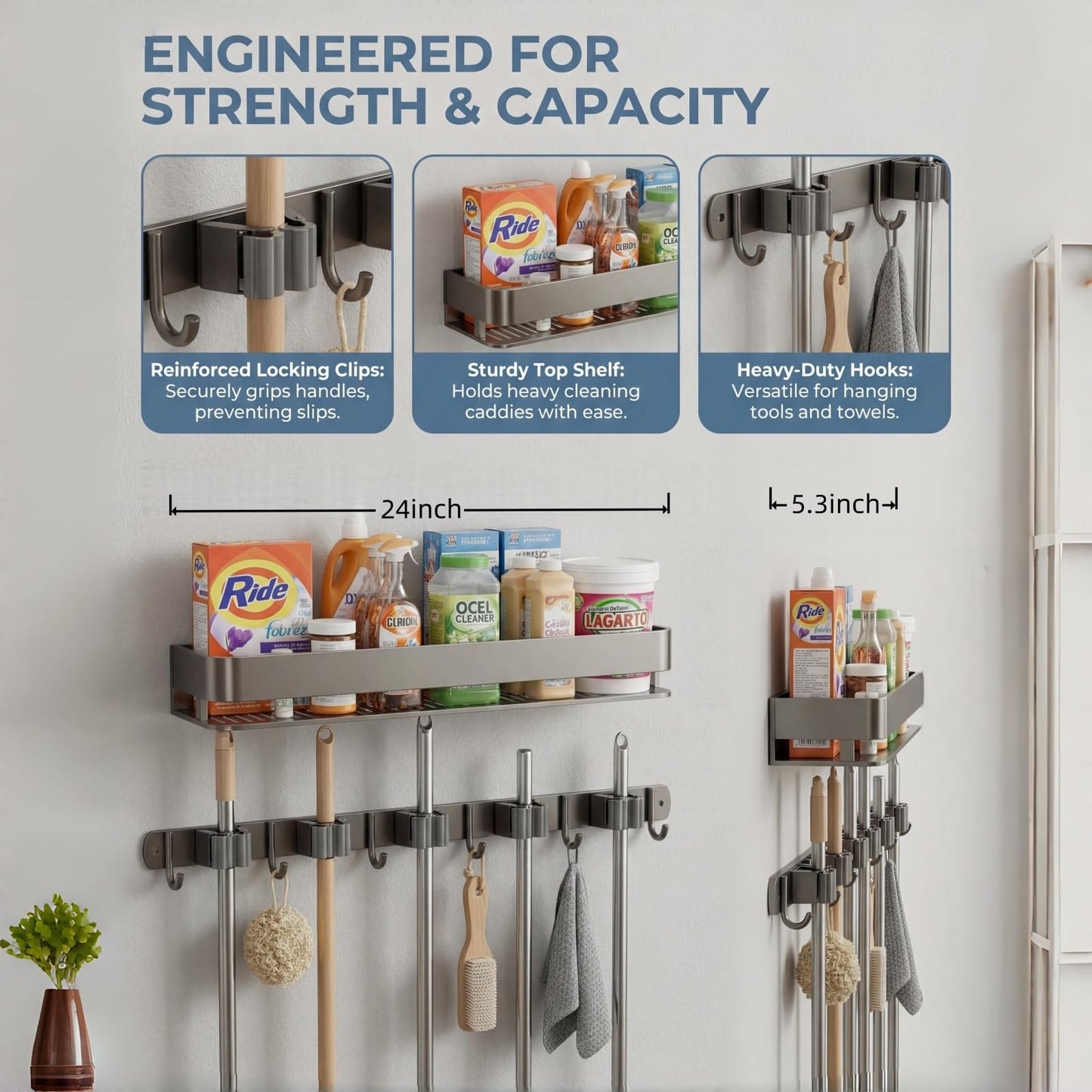 Wall Mount Organizer with Heavy-Duty Hooks and Sturdy Shelf - Holds Brooms, Mops, Vacuums & Cleaning Supplies. Perfect for Laundry Room Organization, Garage Storage, and Closet Shelving（24 inches）