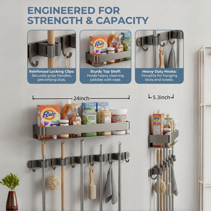 Wall Mount Organizer with Heavy-Duty Hooks and Sturdy Shelf - Holds Brooms, Mops, Vacuums & Cleaning Supplies. Perfect for Laundry Room Organization, Garage Storage, and Closet Shelving（24 inches）