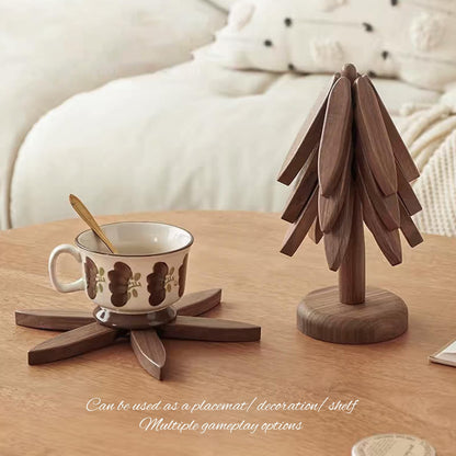 Trivets for Hot Dishes, 4Artful Foldable Wooden Hot Pads for Kitchen, Stored as a Decorative Christmas Tree for Dishes, Pans, Teapots | Creative Kitchen Gift in Walnut Wood