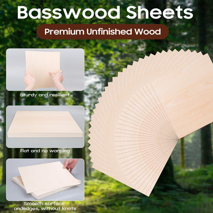 Basswood Plywood Sheets,24 Pack 12 x 12 x 1/8 Inch Unfinished Plywood Sheets for Laser Cutting,Engraving,Wood Burning,Drawing,Family DIY,Studio Crafts & Bulk Holiday