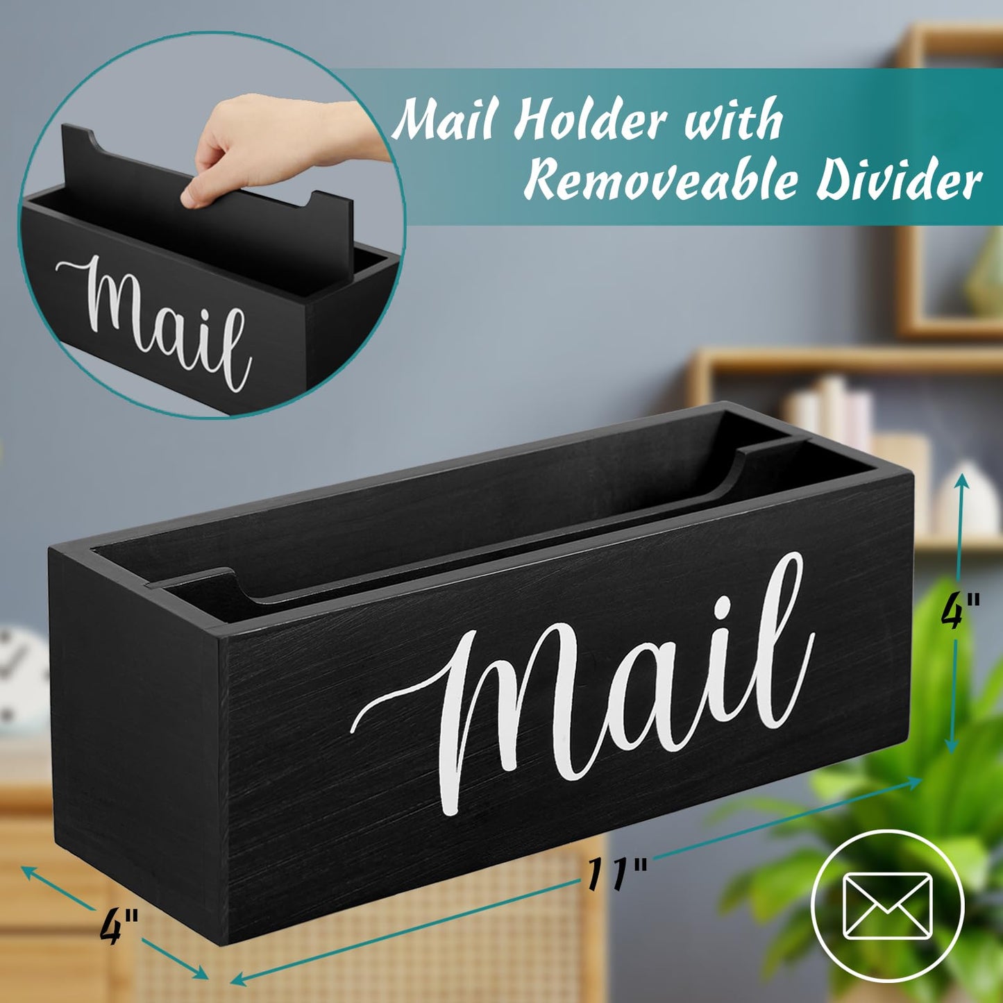 DRASTAR Mail Organizer, Mail Holder with 2 Slots, Mail Basket for Wall Table Countertop, Wood Desk Mail Organizer, Black Envelope Holder for Home Office Decor
