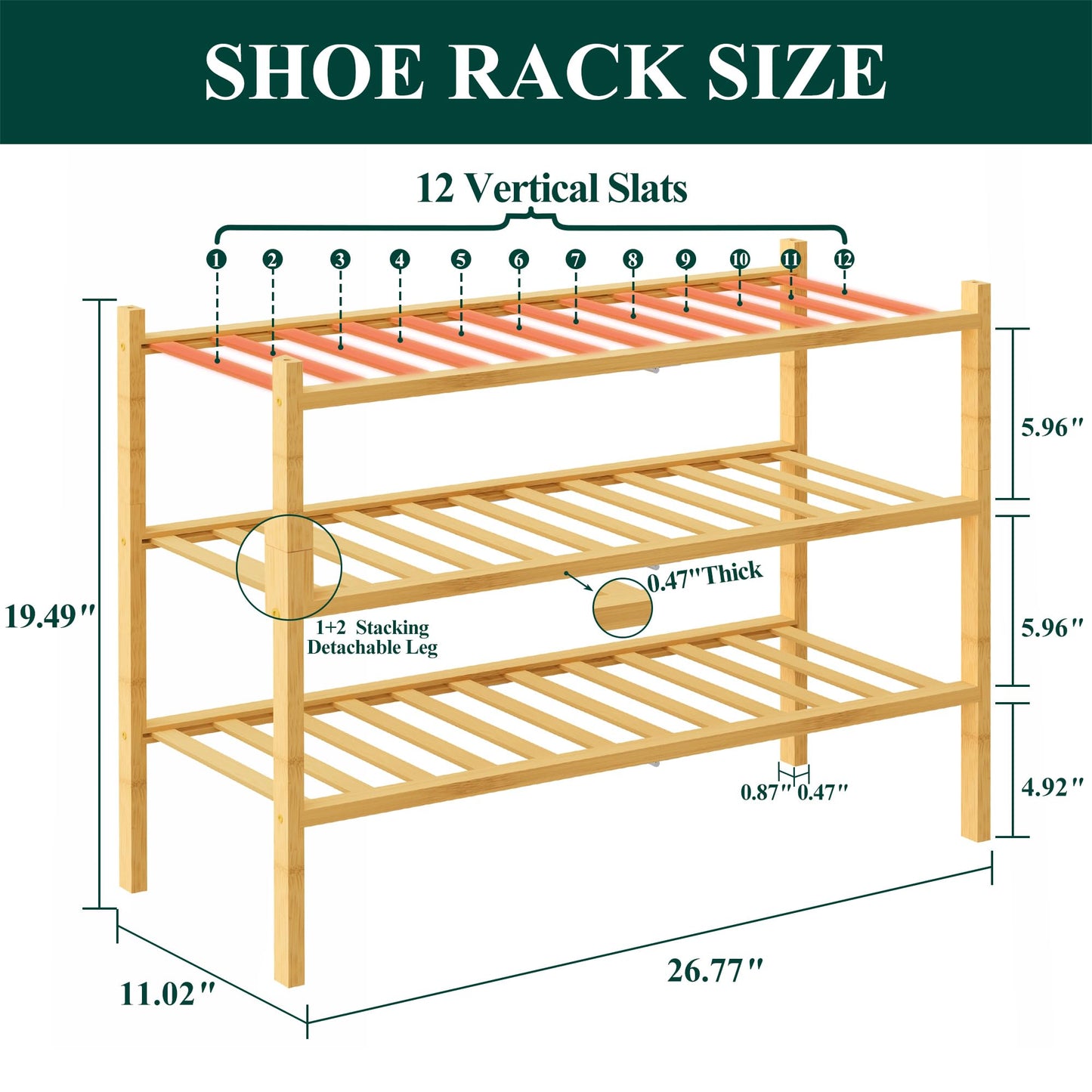 Smiry Bamboo Shoe Rack, 3 Tier Free Standing Wooden Shoe Organizer, Stackable Wood Shoe Storage Shelf for Closet, Entryway, 12 Vertical Slats, 2+1 Stack Standard Legs, 26.8"x11"x19.5", Natural