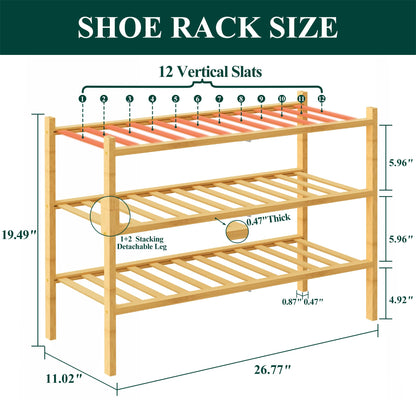 Smiry Bamboo Shoe Rack, 3 Tier Free Standing Wooden Shoe Organizer, Stackable Wood Shoe Storage Shelf for Closet, Entryway, 12 Vertical Slats, 2+1 Stack Standard Legs, 26.8"x11"x19.5", Natural