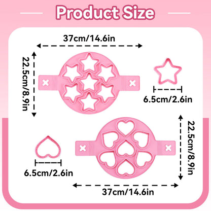 2PCS Pancake Maker Mold, 7 Cavity Star/Heart Shape Nonstick Reusable Silicone Egg Mold Ring with Handle Kitchen Cooking Baking Tools for Muffin Fried Egg Burger
