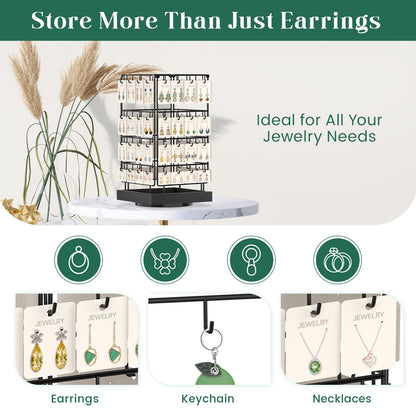 EsLuker.ly Rotating Earring Display Holder Stand for Vendors Events Selling, Large Capacity 64 Hooks Jewelry Rack with Wooden Base for Earring Card Sales, Enhances Retail Visibility