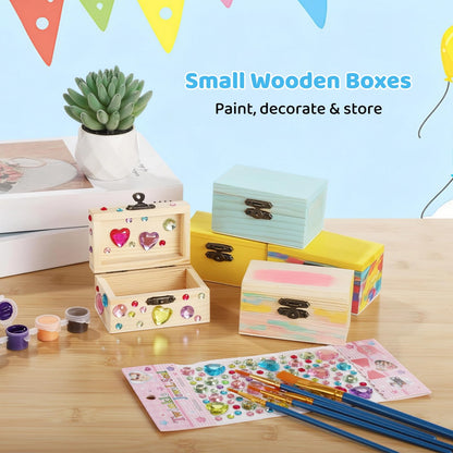 OMISTAR 27 Pcs Small Wooden Boxes Set with 10 Paint Brushes and Stickers, Small Wooden Boxes 3.5 x 2.2 x 2 in, DIY Craft, Storage, Art, Painting, Party Favors, Gifts