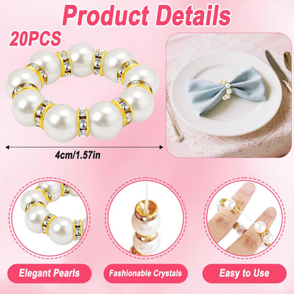 20Pcs Gold Napkin Rings Set Imitation Pearl Napkin Ring Holders for Wedding Reception Party Dinner Table Decor Essentials Metal Napkin Buckles Bulk Bridal Shower Holiday Gatherings Accessories