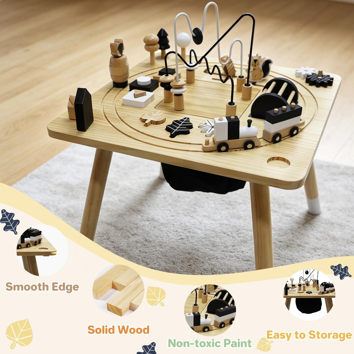 IDEA FAMILY Wooden Montessori Activity Table for Toddlers 1-3, Kids Play Sensory Toy Table, Activity Center with Bead Maze, Shape Sorter, Train Track, Educational Learning Toys for Girls Boys