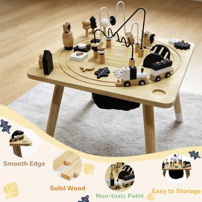 IDEA FAMILY Wooden Montessori Activity Table for Toddlers 1-3, Kids Play Sensory Toy Table, Activity Center with Bead Maze, Shape Sorter, Train Track, Educational Learning Toys for Girls Boys