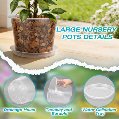 HKKZYT 8/10/12 Inch Clear Nursery Pots with Drainage and Sacuers, 15 Pack Plastic Pots for Plants Indoor Outdoor, Variety Large Clear Pots for Flowers, Succulents (8/10/12inx5pcs)