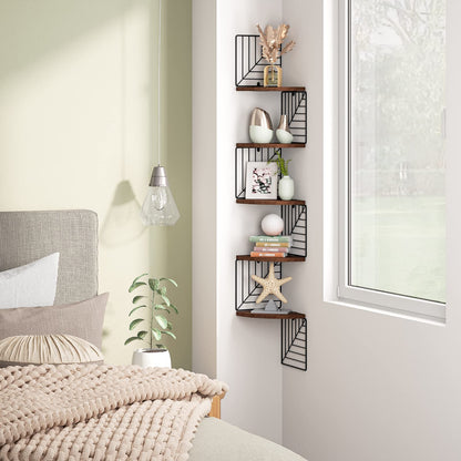 Love-KANKEI Corner Shelf Wall Mount of 5 Tier, Rustic Wood Floating Shelves Wall Shelves for Bedroom Living Room Bathroom Kitchen Office and More Dark Walnut