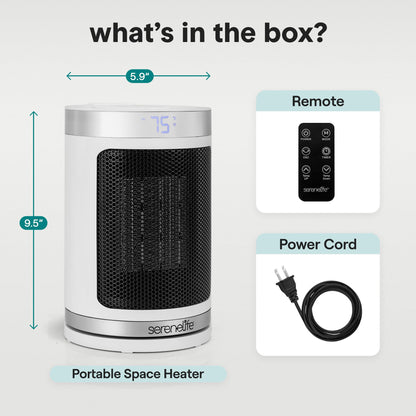 SereneLife Smart Space Heater – 1500W Indoor Electric Heater with Thermostat, Remote Control, 12-Hour Timer, Wi-Fi Enabled PTC Ceramic Heating for Home and Office, White (5.9" x 5.9" x 9.5")