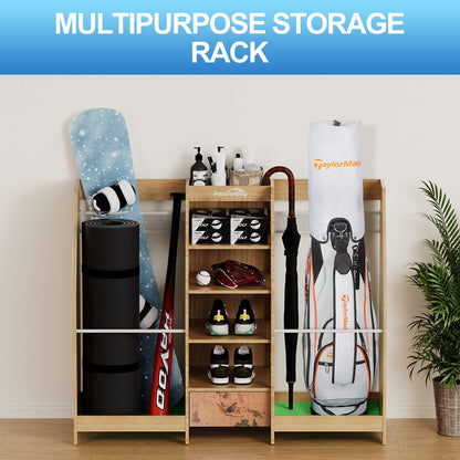 Ponsonbay Golf Bag Storage Organizer for Garage, Premium Wooden 2 Golf Bags Rack with Drawer, Easy Assemble Golf Club Stand/Holder Suitable for Garage Home Simulator and Office