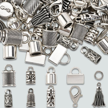 SUNNYCLUE 1 Box 230pcs Tassel End Caps Kumihimo Cord End Caps Alloy Metal Antique Silver Glue in Crimp String Leather Cords Tassel Ends Tips Supplies for Jewelry Making Kit Kumihimo Supplies Crafts