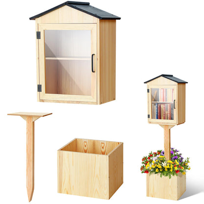 Wonderjune Little Library Box Outdoor with Floor Plugs & Flower Fence, Durable Weatherproof Solid Wood Book Exchange Box for Community, Literature, School Sharing Book(Natural Wood,Steepletop)