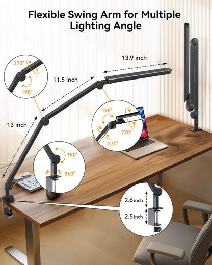LED Desk Lamp with Clamp, Architect Desk Lamp with Remote, Flexible Swing Arm Desk Light with Dual LED Light, Stepless Dimming, 5 Color Mode & 4 Brightness for Sewing Painting Drafting Crafting