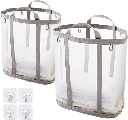 Mesh Laundry bag with Handles, 42L Collapsible Laundry Basket with 2 Hooks