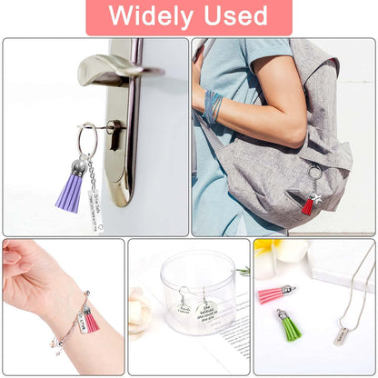 Audab 350Pcs Motivational Keychain Accessories Set with 50 Engraved Inspirational Words Charms, 50 Leather Keychain Tassels, 50 Keyring with Chain, 200 Open Jump Rings for DIY Crafting