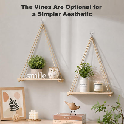 RICHER HOUSE Macrame Floating Shelves for Wall No Drilling, Boho Hanging Shelf with Artificial Ivy and LED Lights, Plant Wall Decor for Living Room Bedroom Dorm