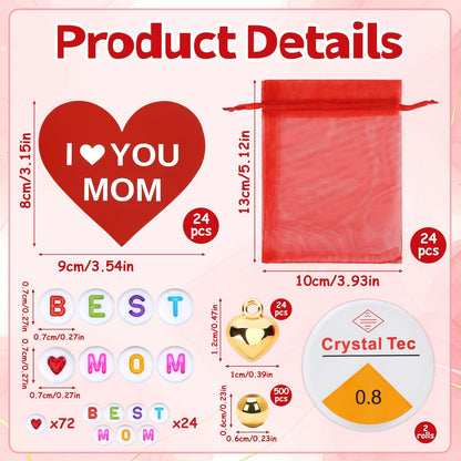 Augshy 24 Sets Mother's Day Bracelet Making Kit, Mom Bracelets DIY Craft Kit Letter Beads Heart Pendants Heart Gift Cards Organza Bags for Mothers Day Gifts Classroom Handcrafted Activity Party Favors