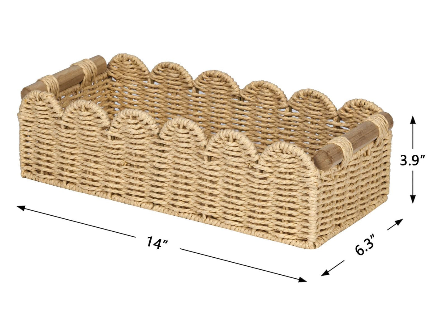 CubesLand Scalloped Edge Toilet Paper Storage Basket, Living Room Home Cozy Decor Basket, Paper Rope Small Baskets for Over Toilet Storage Shelf, End Table, Shelves, with 2 Wooden Handles, Beige
