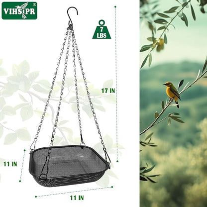 Hanging Bird Feeder for Outdoors – 11 in Square Metal Mesh Bird Feeder Tray Platform for Wild Birds, Black