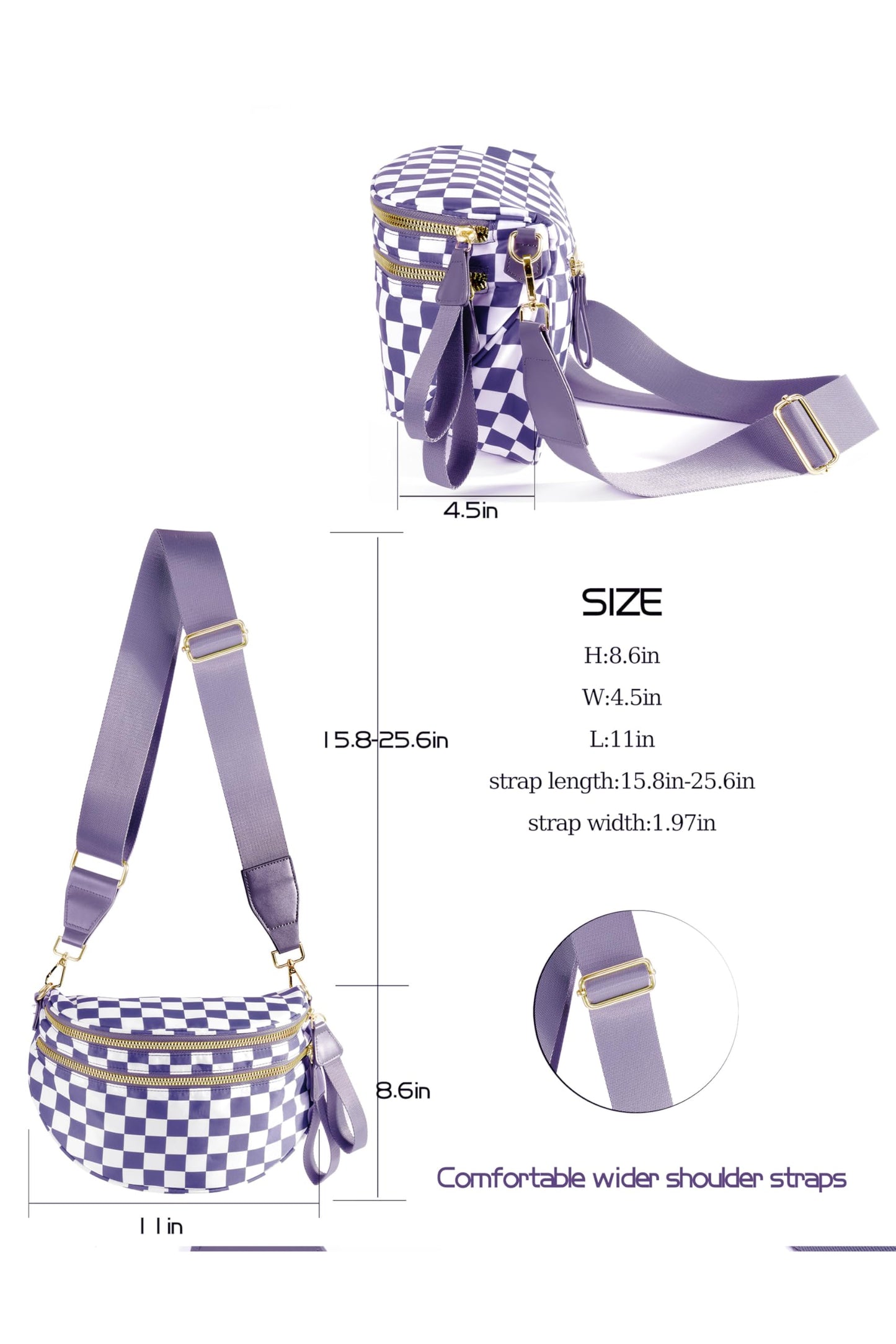 Spacious Checkered Nylon Crossbody Bag Bum Bag Checkered Handbags Wallets for Women