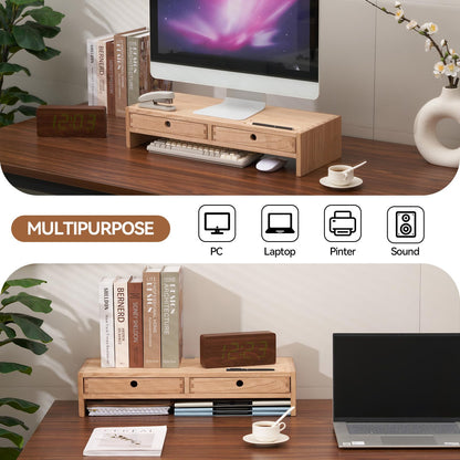 KIRIGEN Wood Monitor Stand with 2 Drawers, Solid Wood Computer Monitor Riser for Desk, Desktop Organizer Shelf with Cable Management, Pen Slots, Natural, No Assembly PMJ-NA