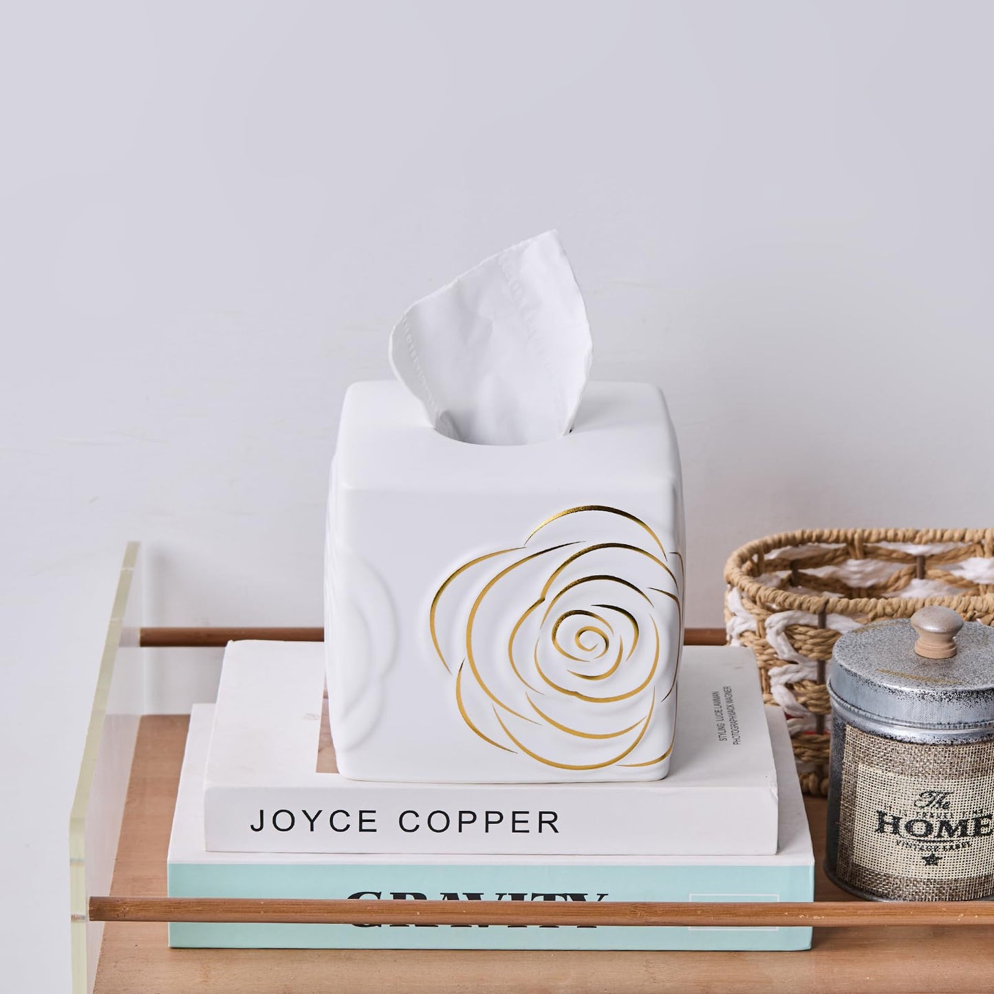 White Ceramic Cube Tissue Box Cover with Gold Rose – Large Elegant Rose Floral Square Decorative Tissue Box Holder for Bathroom, Bedroom, Office Desk, Kitchen Counter – Perfect Housewarming Gift