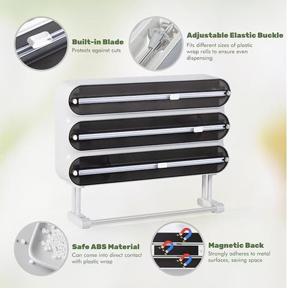 Aluminum Foil & Plastic Wrap Dispenser with Cutter - Magnetic & No-Drill Wall Mount, Cling Film Dispenser with Paper Towel Holder, Space-Saving 4-in-1 Kitchen Organizer - Fits 12" Roll, Black
