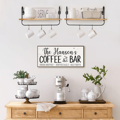 Olakee Floating Wall Shelves for Kitchen Bathroom Coffee Nook with 10 Adjustable Hooks for Coffee Mugs, Coffee Bar Organizer and Decor, Rustic Storage Shelves Set of 2
