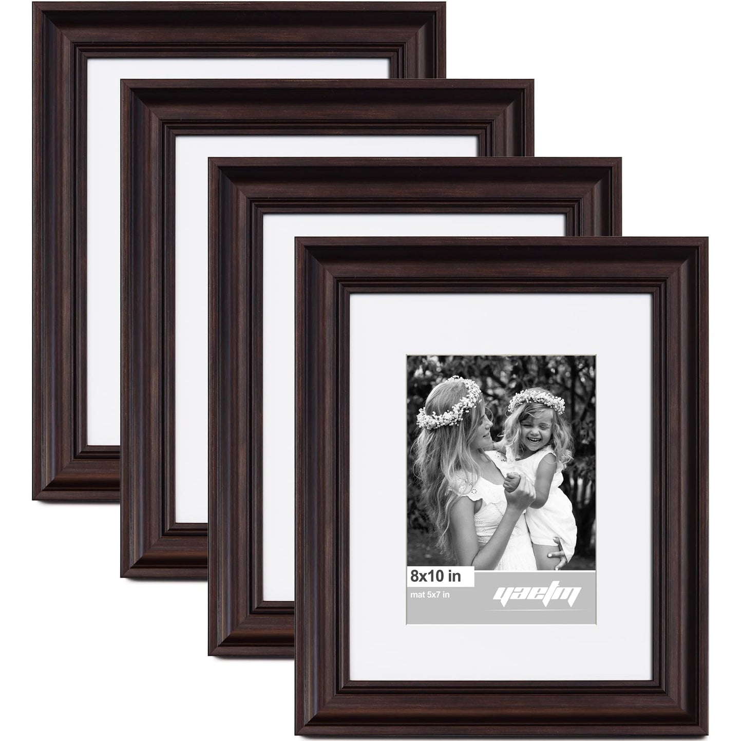 Yaetm 8x10 Picture Frame Matted to 5x7 Set of 4, 1.4” Wide Molding & Dark Brown Photo Frames 8 x 10 with HD Tempered Glass, Display on Tabletop & Wall Mounting (4 pack, Brown)