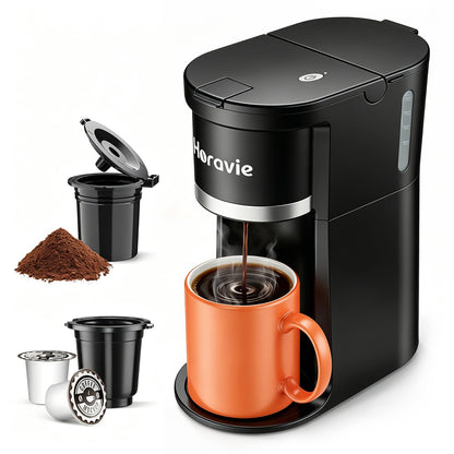 Horavie Small Single Serve Coffee Maker, Fast Brew One Cup Coffee Machine for K Cup and Grounds, 6 to 12 oz. Brew Sizes, Pod Coffee Maker with Descaling Reminder and Viewing Tank, Black