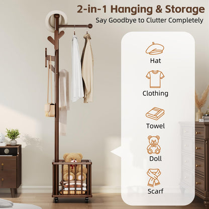 Cactus Freestanding Wooden Coat Rack with Storage Basket,Walnut Coat Rack with Hooks and Wheels,Space-Saving Entryway Organizer for Hanging Clothes,Bags and Storing Towels,Bedroom, Living Room