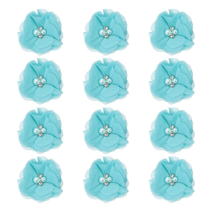 PATIKIL 2 Inch Chiffon Flowers, 12 Pcs Rhinestone Pearl Sewing Fabric Flowers Artificial Appliques Embellishments for Clothing Wedding DIY Craft Headbands Decor, Teal