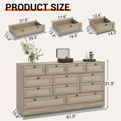 Patikuin 12 Drawer Wood Dressers for Bedroom, Wooden Dressers for Adult Bedroom, Modern TV Stand Dresser for 65 inch TV, 61" Wide Chest of Drawers for Living Room, Closet, Hallway