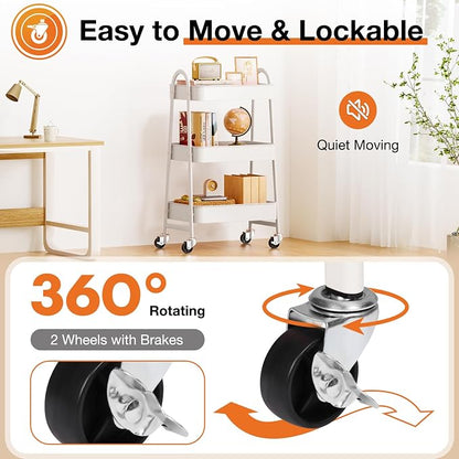 NEWBULIG 3-Tier Metal Rolling Storage Cart, Heavy Duty Mobile Utility Organizer Shelf with Lockable Wheels, Multifunctional Trolley for Daily Supplies, Home Indoor Daily Use, White