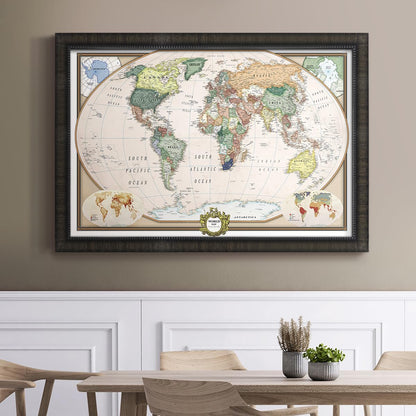 Renditions Gallery Colorful World Map Canvas Wall Art with Charcoal Black Frame Wall Hanging Travel Map with Push Pins for Home, Office, Classroom