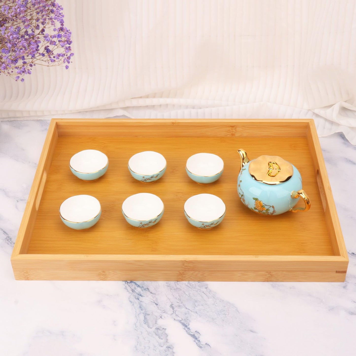 Geytetqi 4 Pack Large Bamboo Serving Tray with Handles - 16 x 11.6 Inch Wooden Dinner Tray, Home Kitchen Decorative Tray, Breakfast Trays for Eating on Couch, Lap Trays, Coffee, Kitchen, Picnic