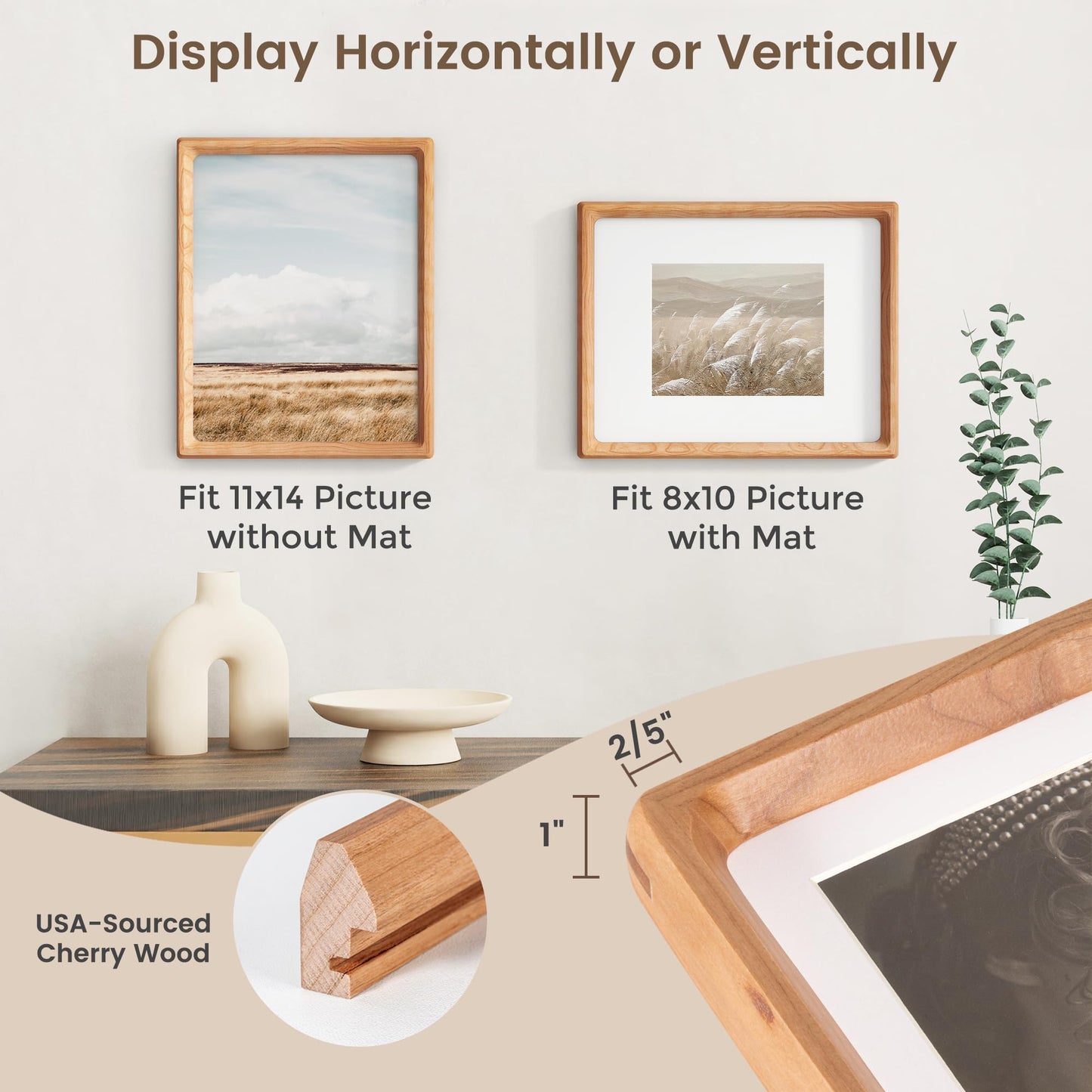 11x14 Picture Frame, USA-Sourced Cherry Wood Photo Frames with HD Tempered Glass, Handcrafted Rounded Corner 11 x 14 Wooden Frame Matted to 8x10 Photos, Gallery Wall Frames for Posters & Art Prints