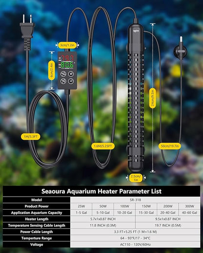 SEAOURA Small Aquarium Heater, 150W Fish Tank Heaters for 15-30 Gallon, Submersible Turtle Heater with LED Controller, Safety Protection & Auto Power-Off, Saltwater Freshwater