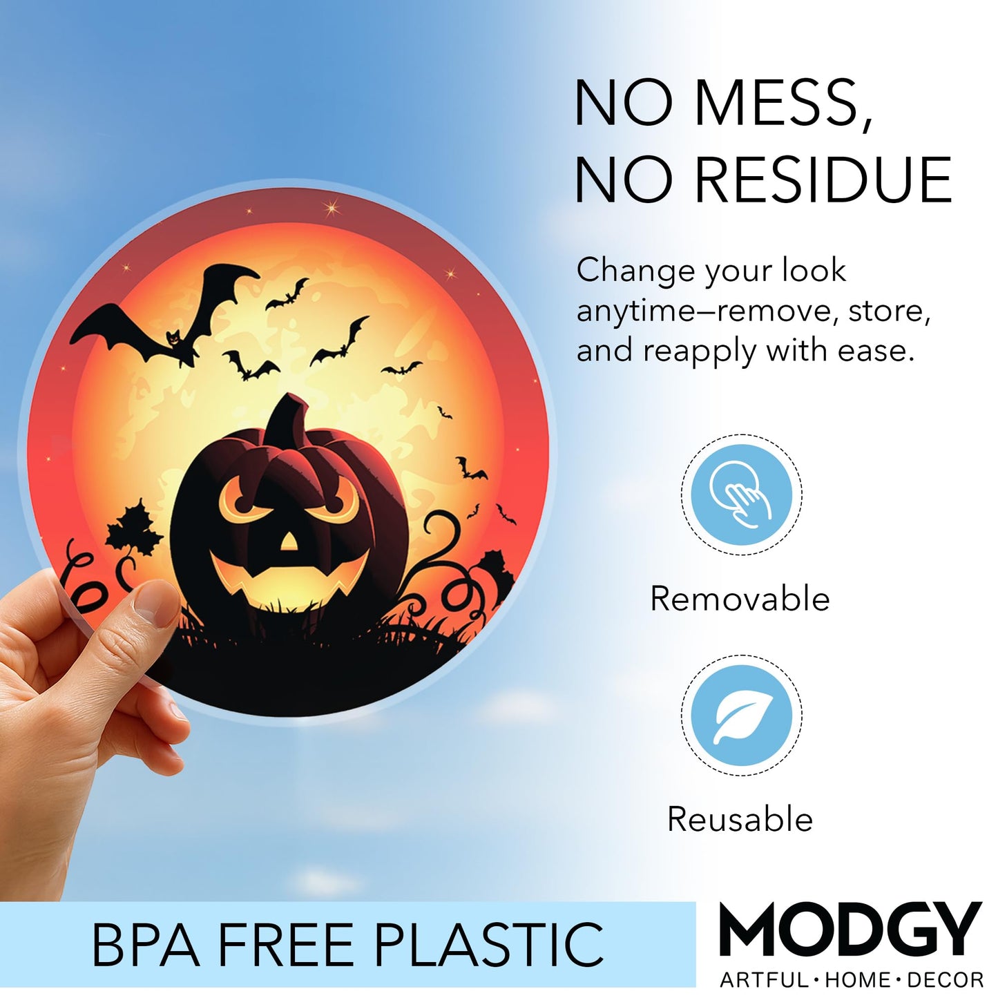 MODGY Window Art Clings, Decal Stickers and Decorations for Glass, Peel and Stick Decor, Removable, Reusable, 9 Inches Each, Set of 3 Per Sleeve, Halloween