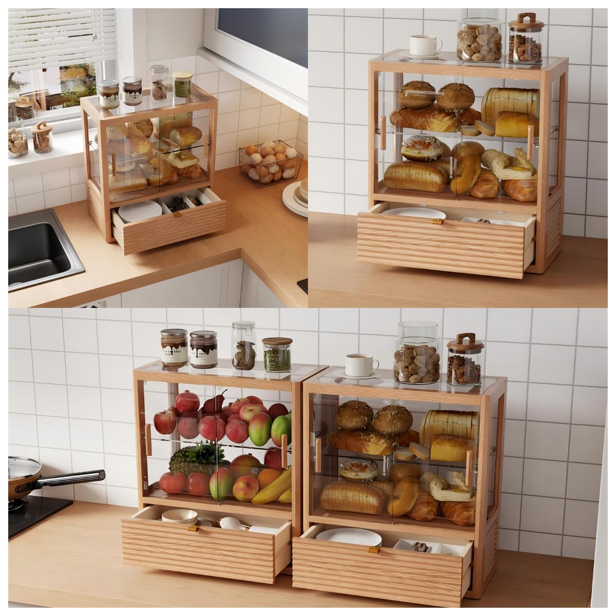 TIMBERKNOWS Solid Wood Bread Box,Double Layer Large Bread Box for Kitchen Counter,Large Capacity Wooden Bread Storage Container,Keep Bread, Bagels and Rolls Fresh, Retro Brown
