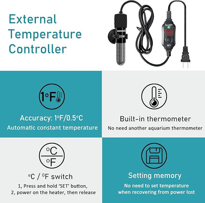 Mini Submersible Aquarium Heater,200 Watts Adjustable Fish Tank Heater, Built-in Thermometer, External Temperature Controller, Smart Memory, Used for 1-60 Gallons (200 Watts)